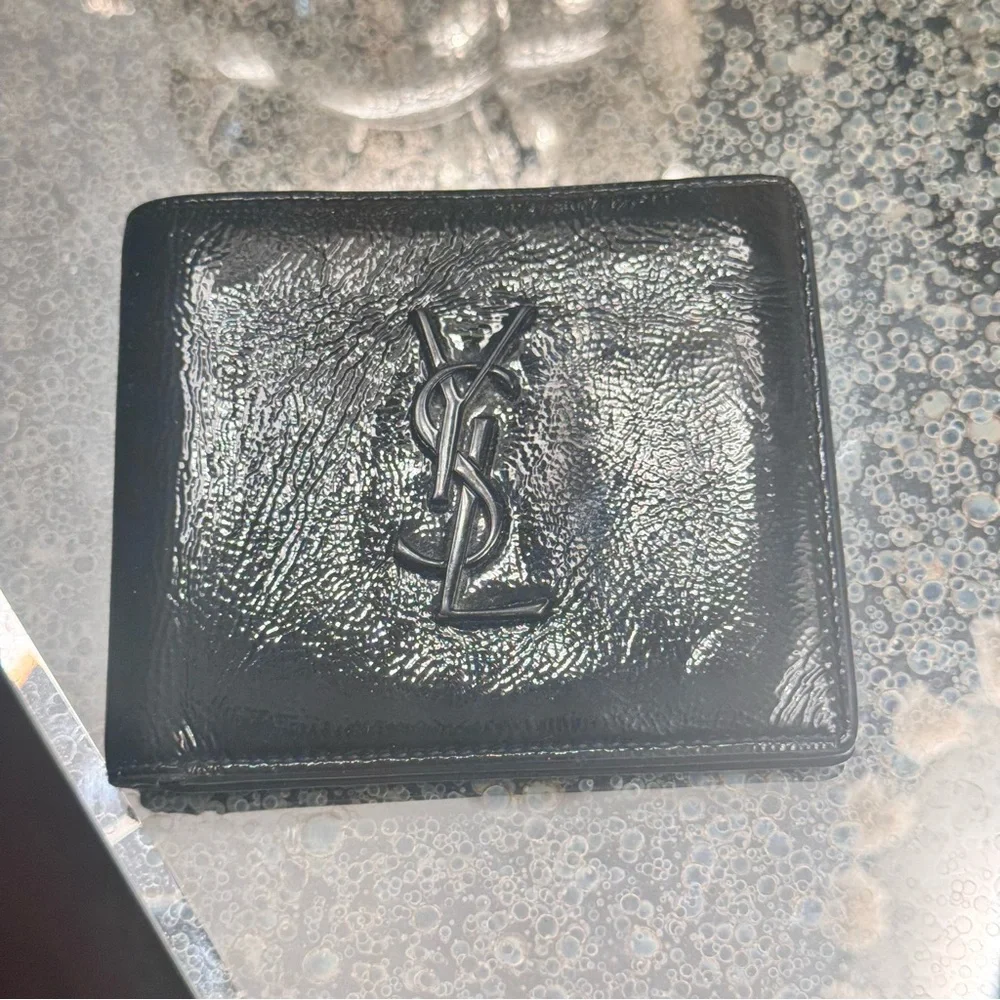 Saint Laurent Black Patent Leather Money Clip Wallet with YSL Logo